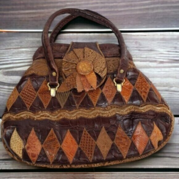 Vintage Leather Patchwork Shoulder Bag Brown Boho Flower Child Festival - Picture 14 of 14